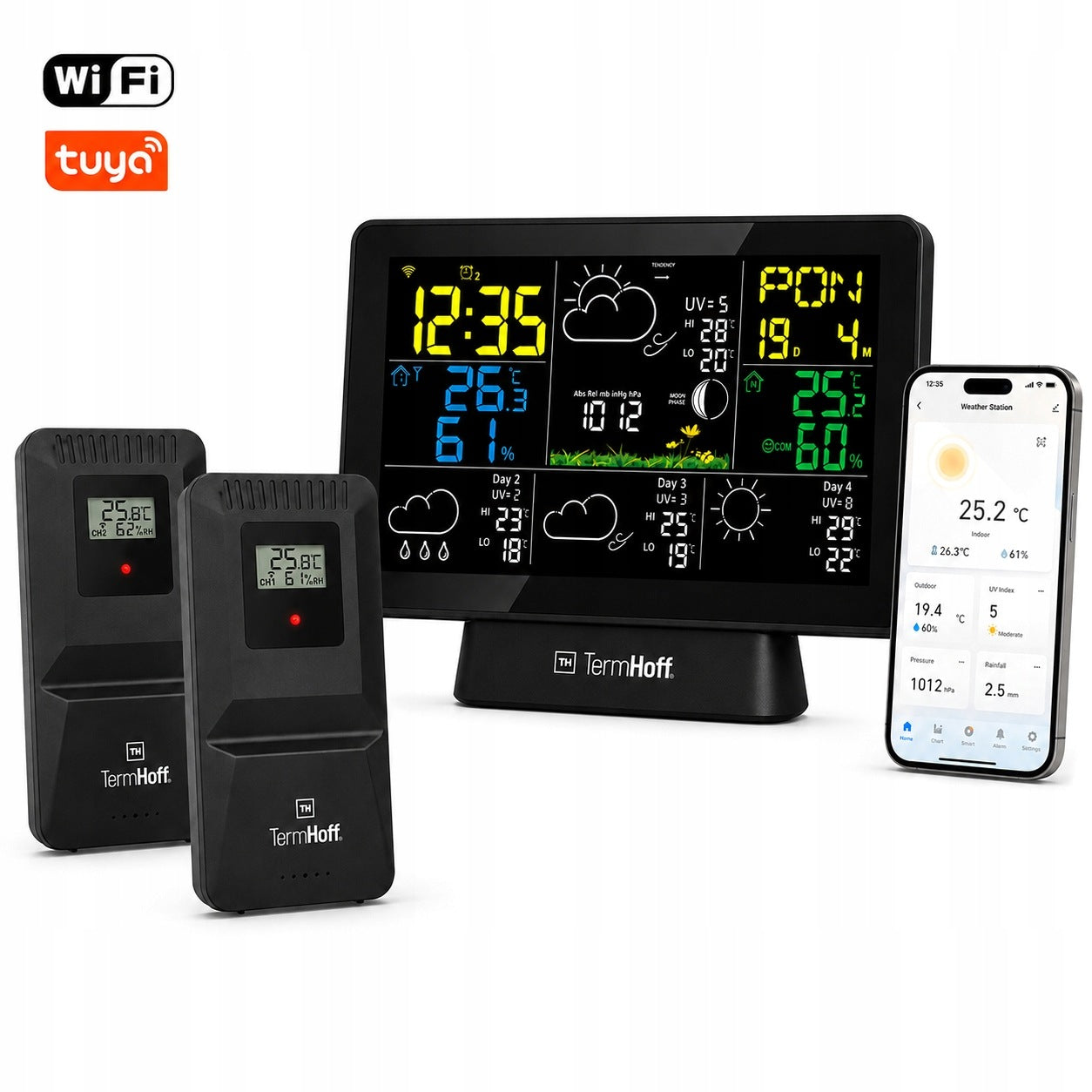 Weather Station Barometer WiFi Alarm TUYA TermHoff TH-WS7 2x Additional Sensor