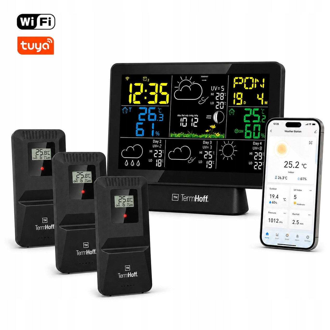 Weather Station Barometer WiFi Alarm TUYA TermHoff TH-WS7 3x Additional Sensor