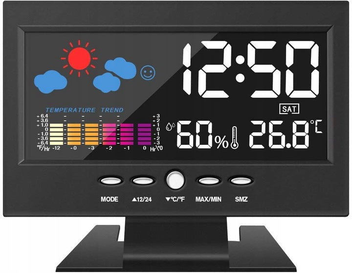 Weather Station Home Room Thermometer with Hygrometer Large Screen Clock Color black