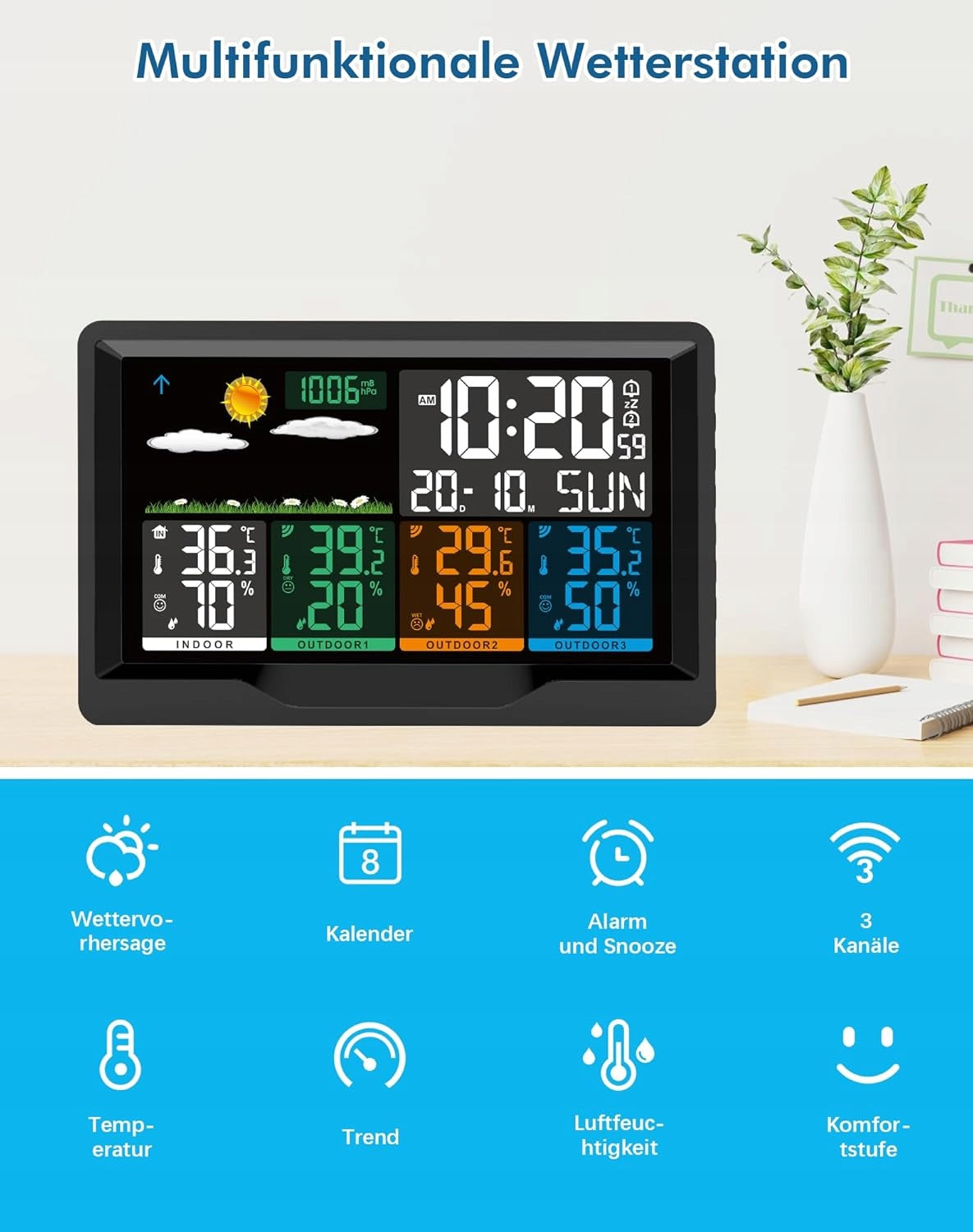 Weather Station Wireless 3 Sensors Thermometer Hygrometer Clock DCF Packaging status original