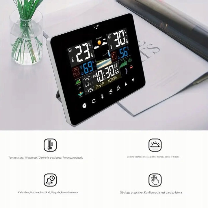 Weather station thermometer hygrometer clock Moon phase forecast Date Black EAN (GTIN) 5904265077843