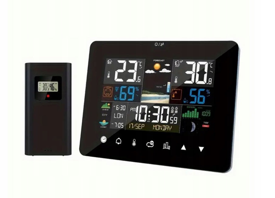 Weather station thermometer hygrometer clock Moon phase forecast Date Black