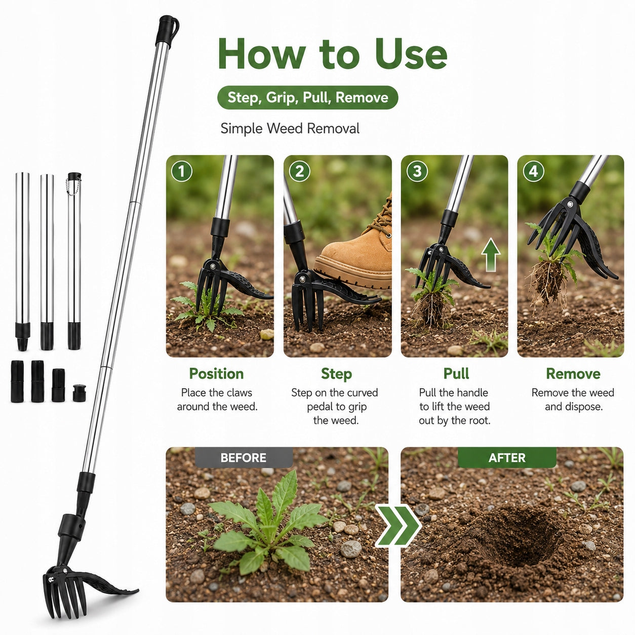 Weed picker with handle 100 cm 5 claws Head material aluminum