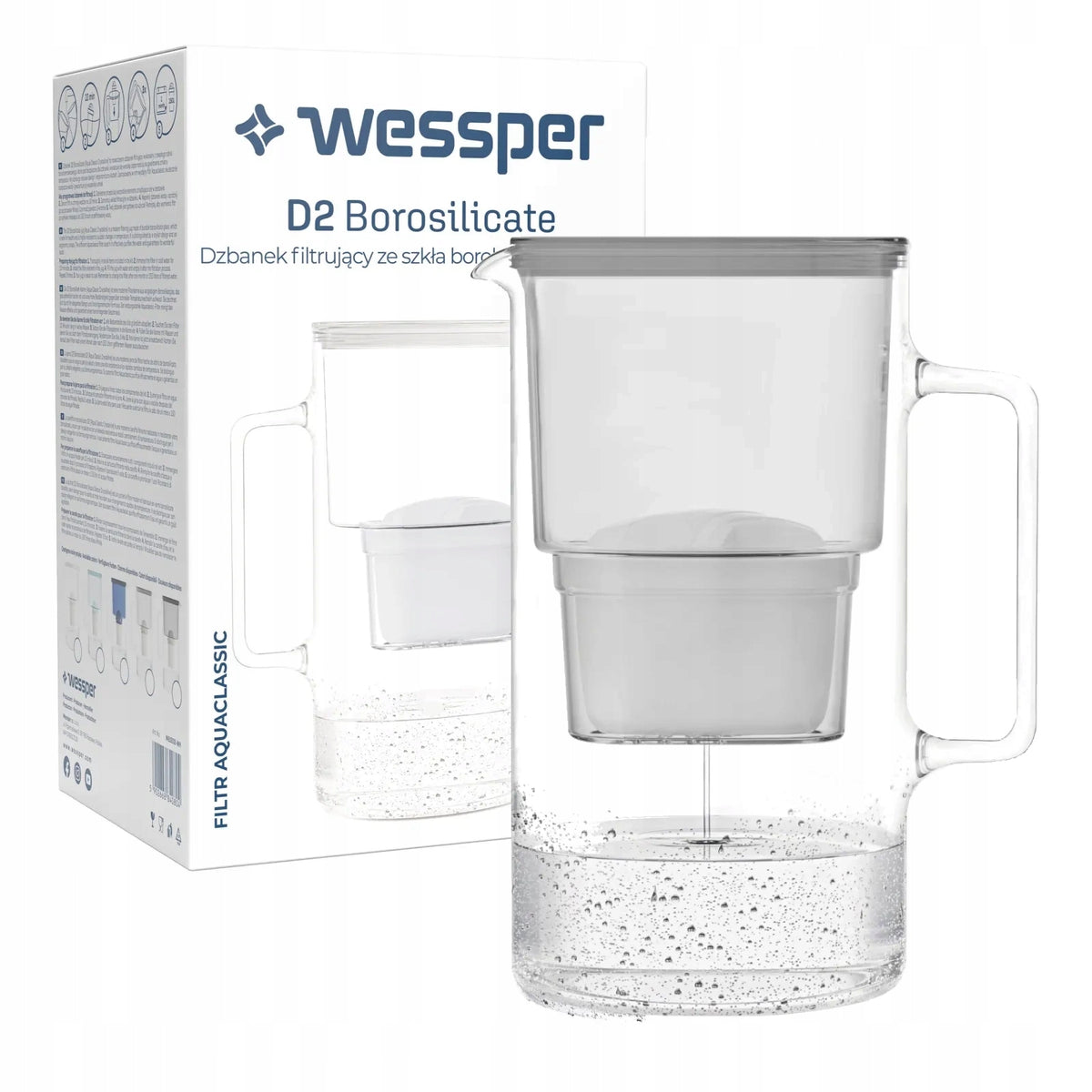 Wessper AquaMax Crystalline 3L Glass Water Filter Jug Grey