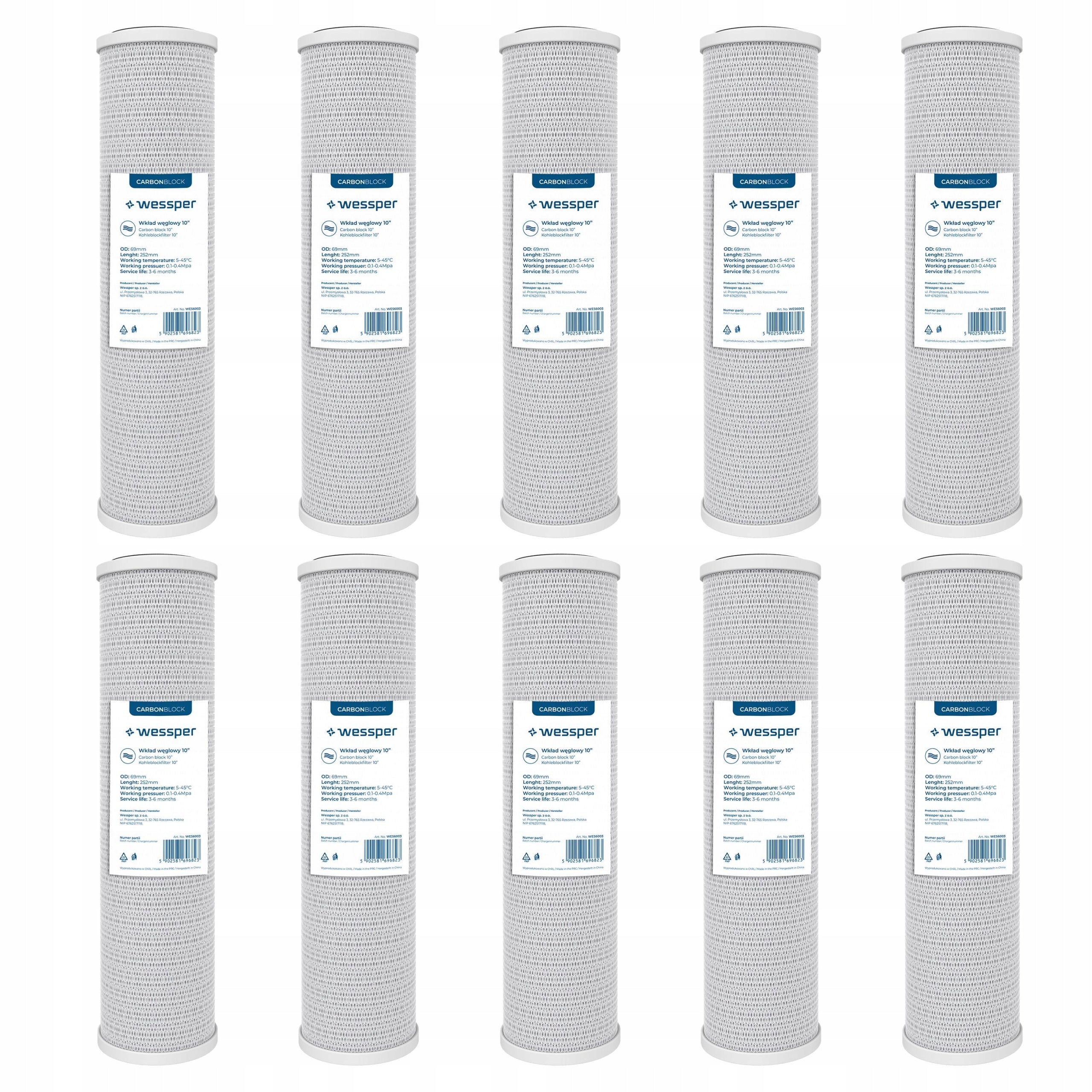 Wessper carbon water filter filtration 10" preliminary 5 micron PP5 10 pieces Manufacturer code WES6003-10