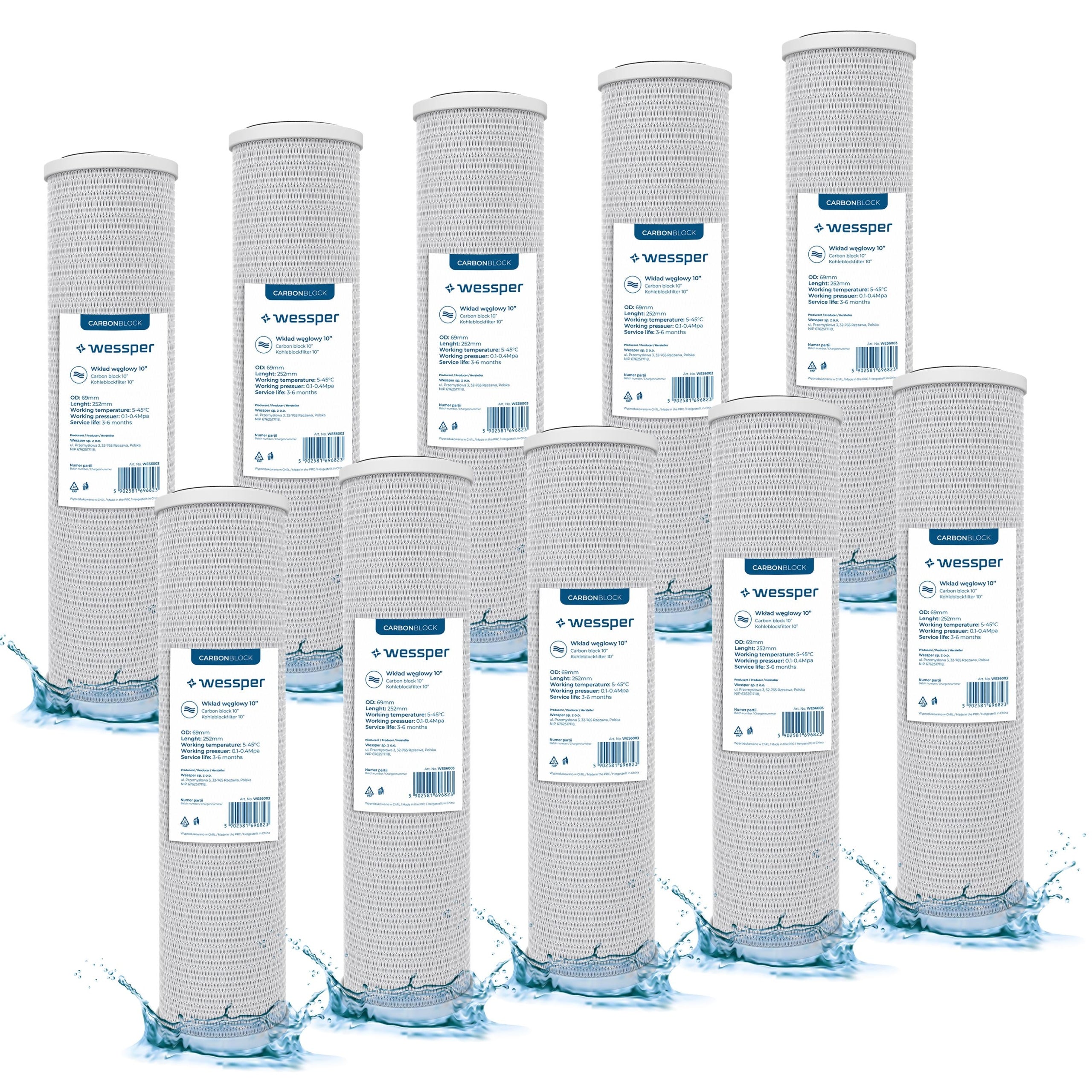 Wessper carbon water filter filtration 10" preliminary 5 micron PP5 10 pieces