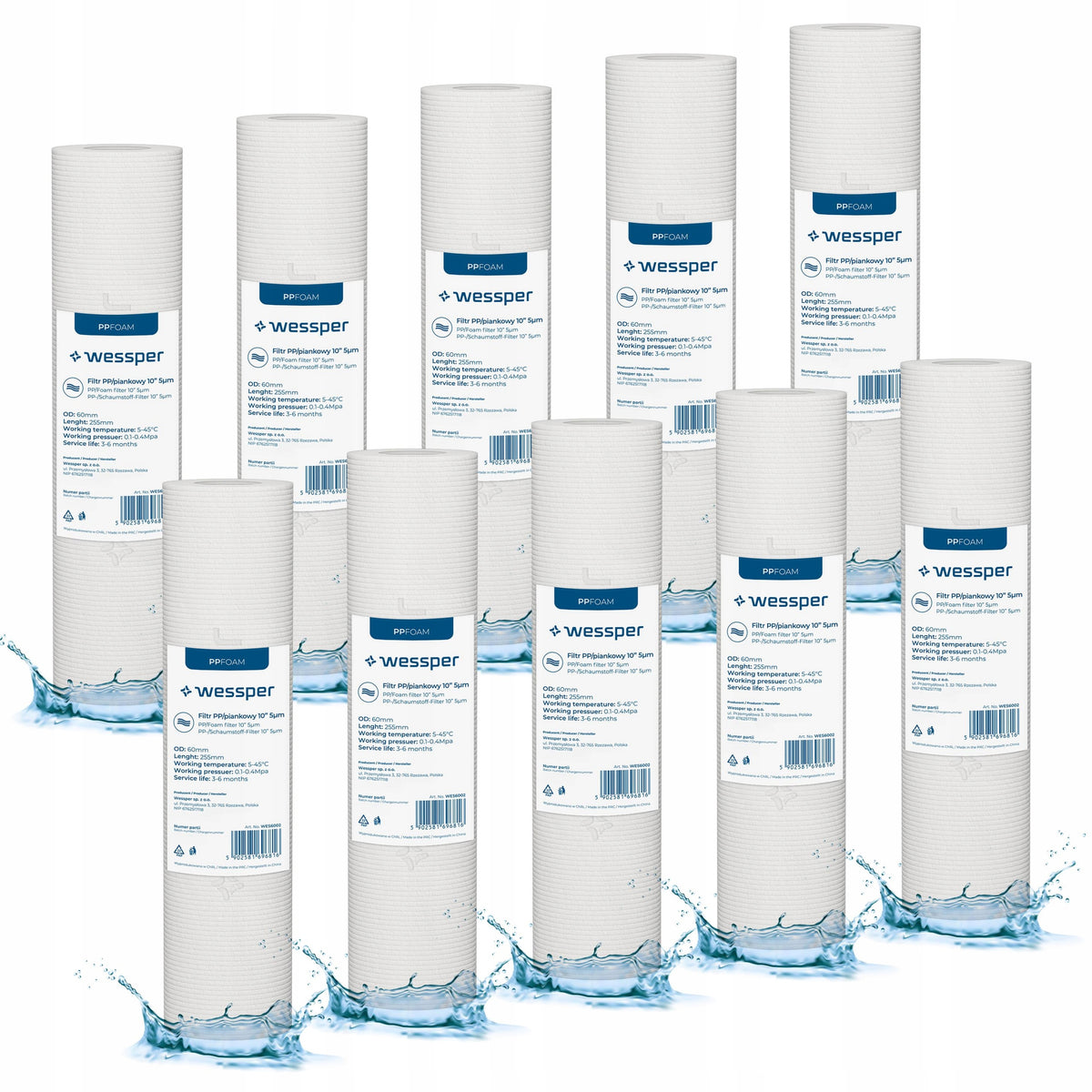 Wessper water filter foam filtration 10" preliminary 5 micron PP5 10 pieces