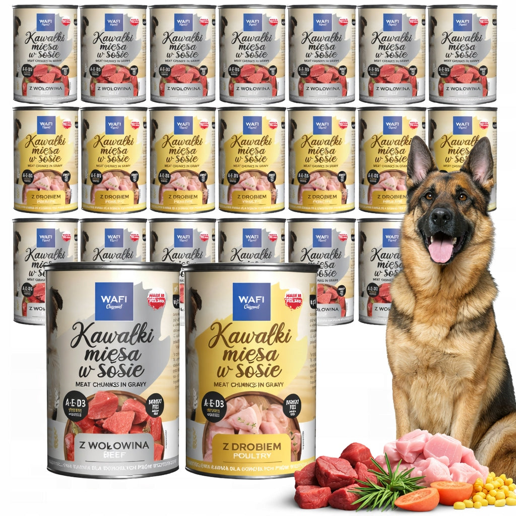 Wet Food for Dogs Wafi Pieces of Meat in Sauce 24x415G Can Shepherd Brand Wafi