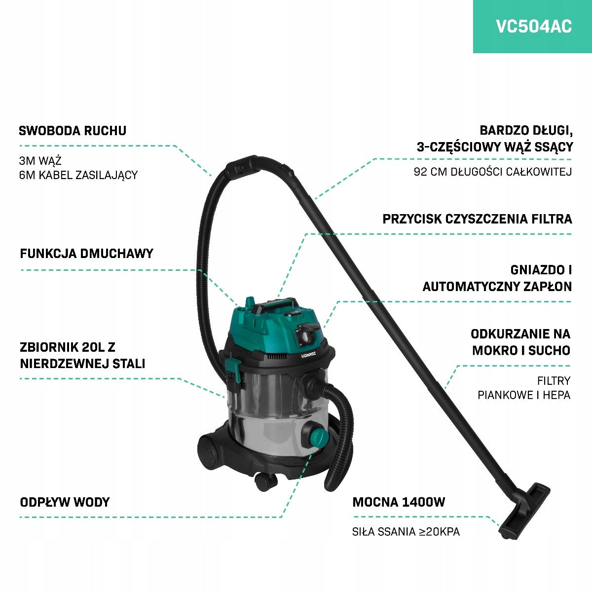 Wet and dry vacuum cleaner 1400W with 20L tank Packaging status original