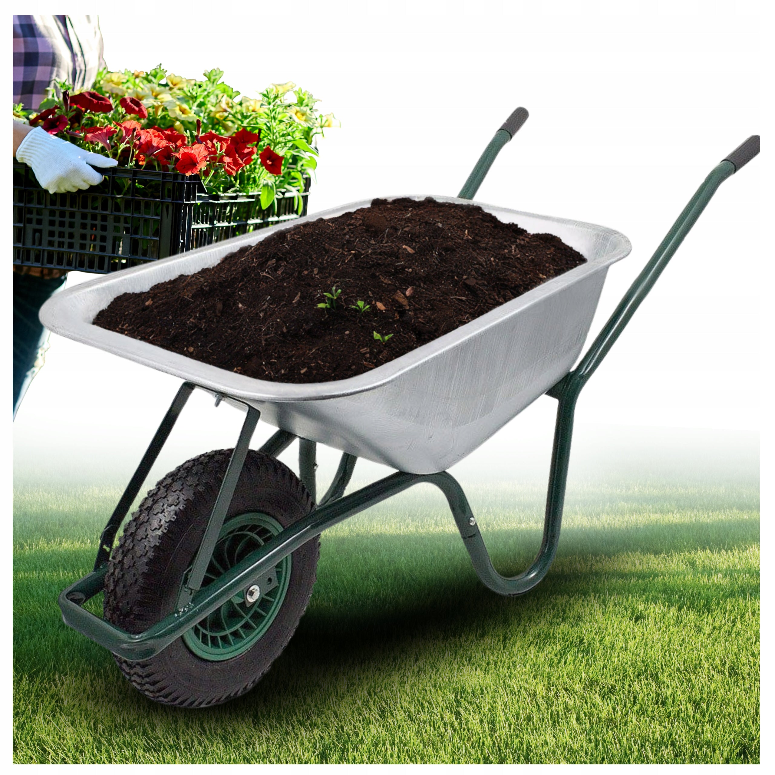 Wheelbarrow 100L Load Capacity 250kg Galvanized Steel Garden Pneumatic Wheel