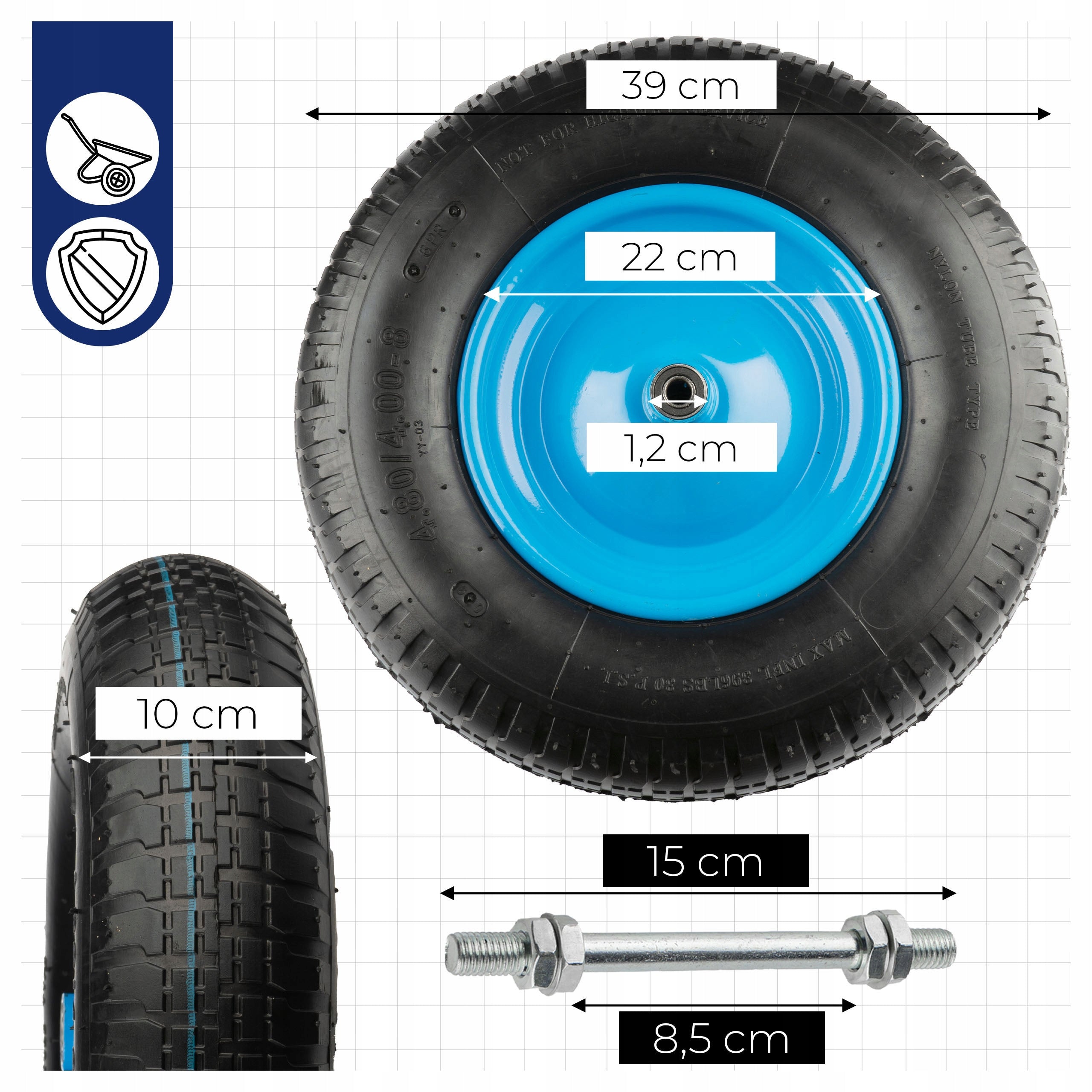 Wheelbarrow wheel 6 PR 4.00-8 with inner tube BEGRIS RUBBER Wheel Strong with inner tube axle Packaging status original