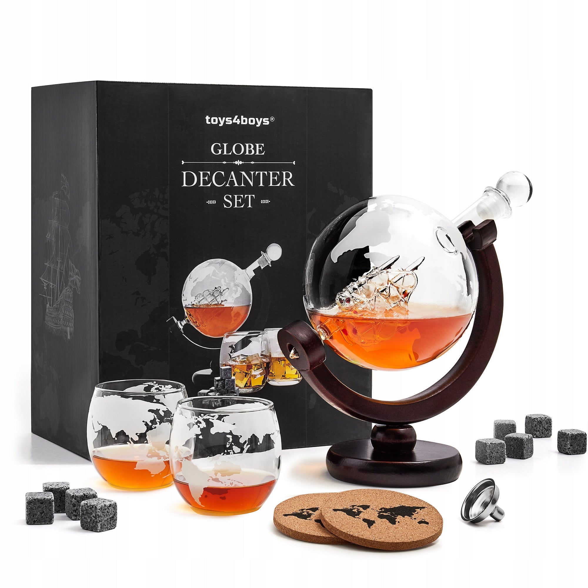 Whiskey Decanter Globe Glasses Stones Gift for Man Packaging status original