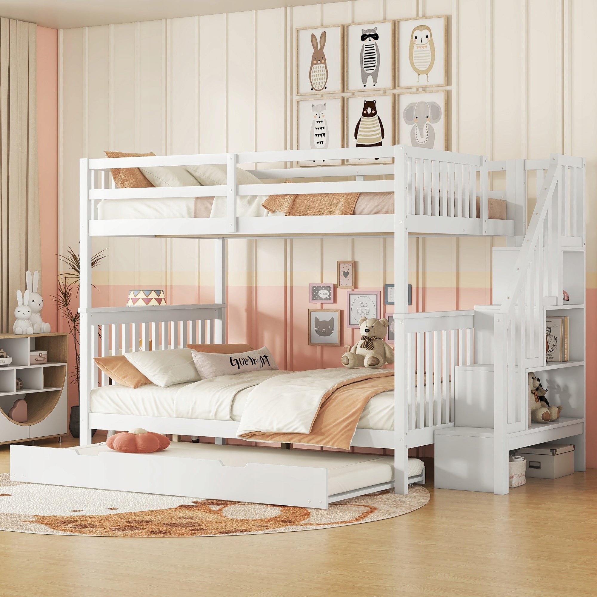 White 140x200cm Bed with Storage & Rollout Bed, Elevated Design, Stairs Brand no brand