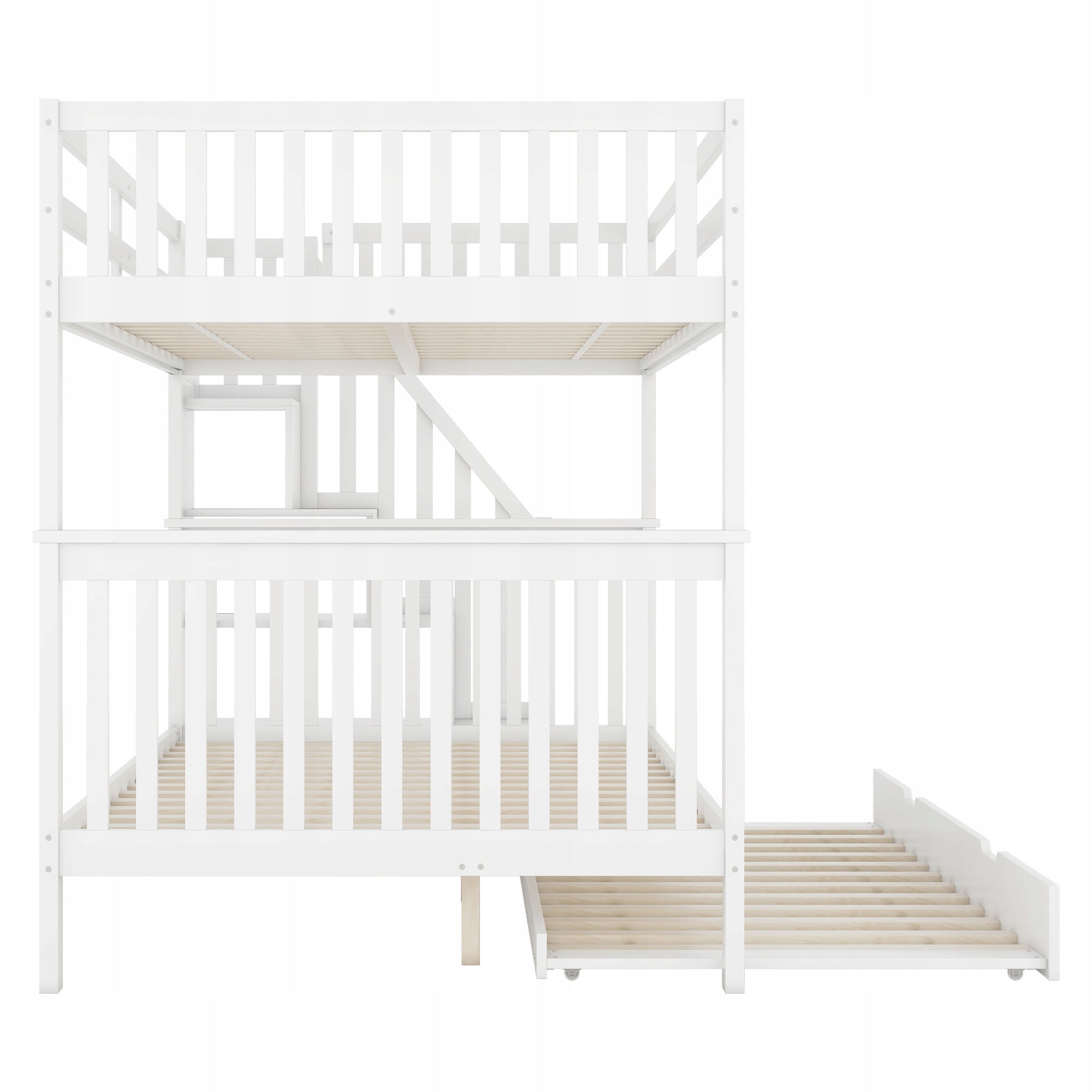 White 140x200cm Bed with Storage & Rollout Bed, Elevated Design, Stairs