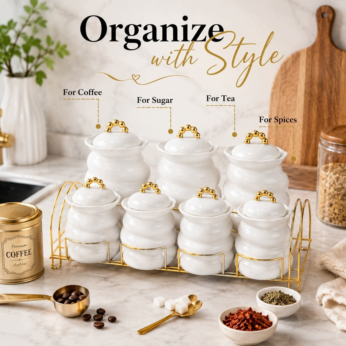 White Ceramic Kitchen Containers with Organizer 7 Elements