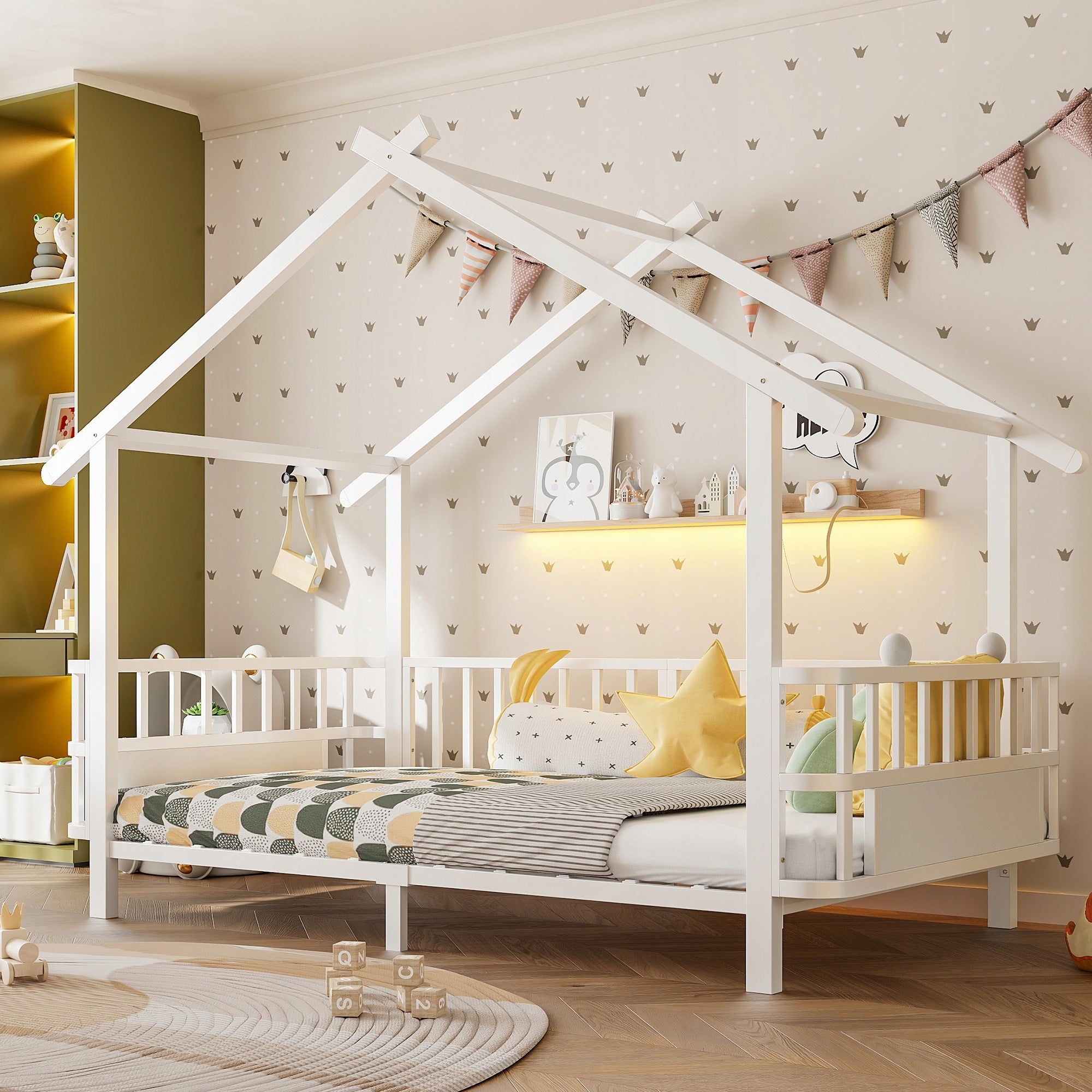 White Metal Kids Bed 90 x 200 cm Roof Style with Protective Rail Color other