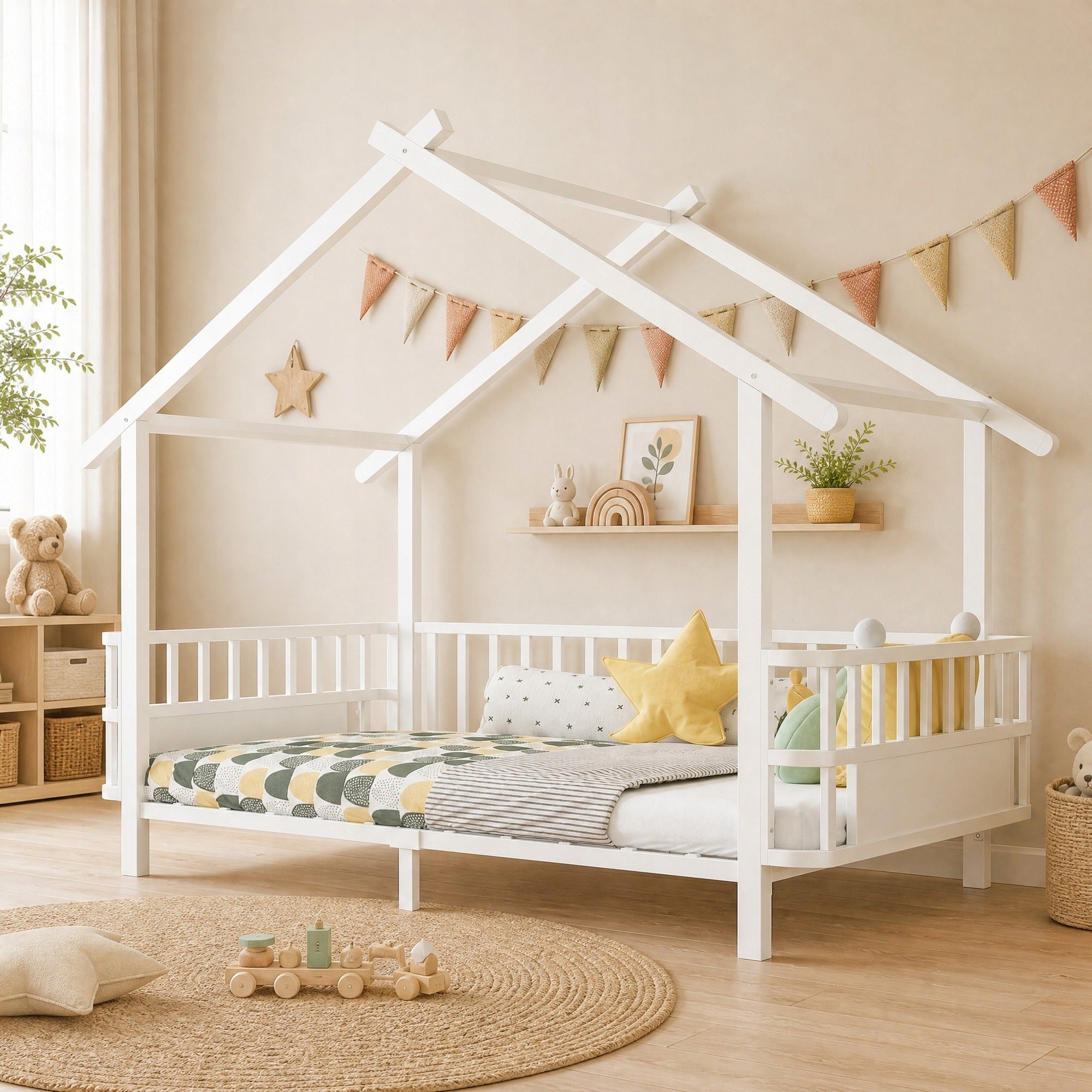 White Metal Kids Bed 90 x 200 cm Roof Style with Protective Rail