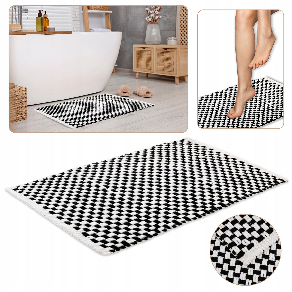 White and Black Bathroom Mat/Dywanik Braided 50x80 cm - ABSORBENT Microfiber