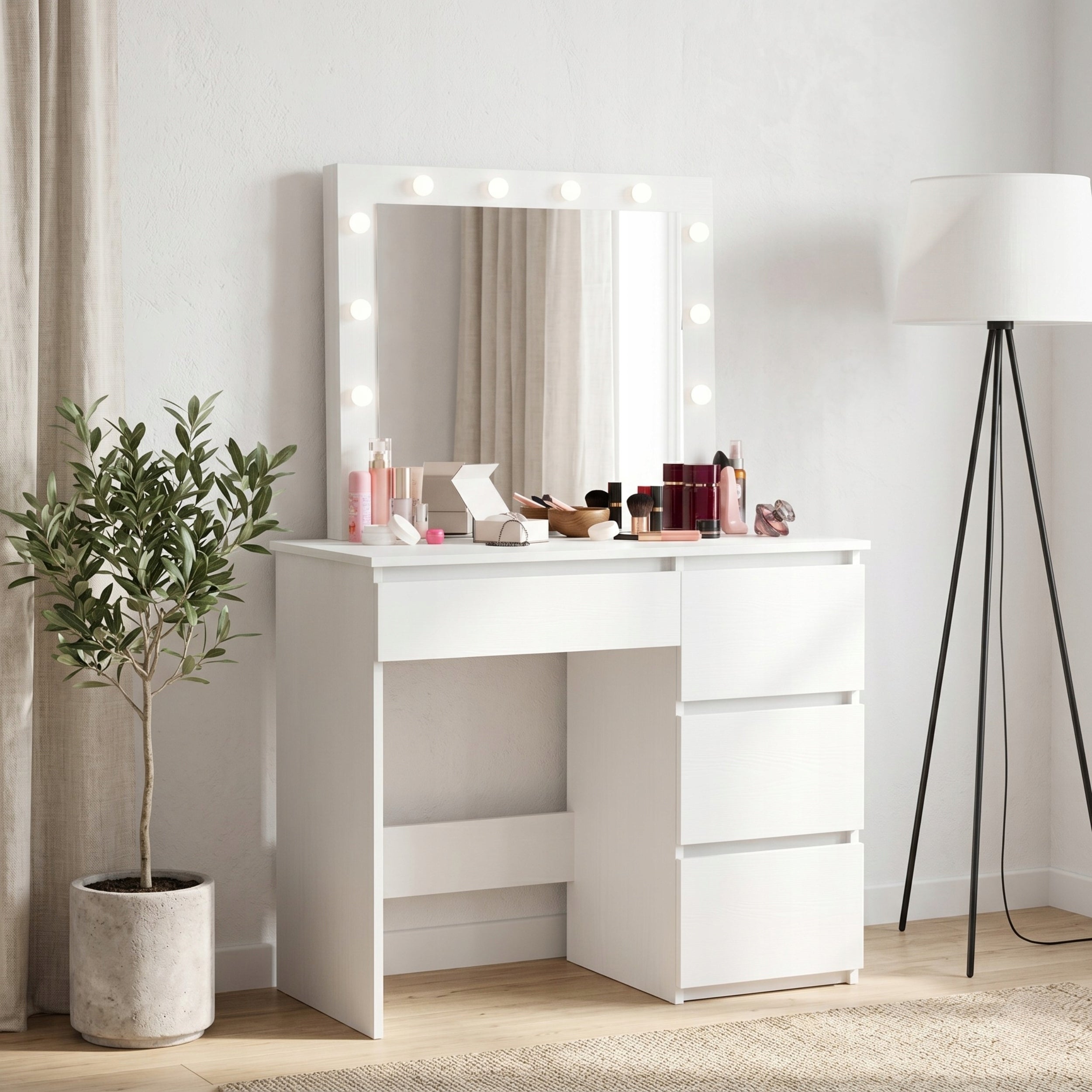 White dressing table cosmetic with large mirror for makeup 12xLED FUNFIT Furniture depth 40 cm