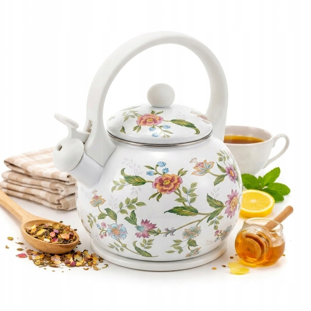 White enamel kettle with whistle 2,2 l – retro steel INDUCTION GAS