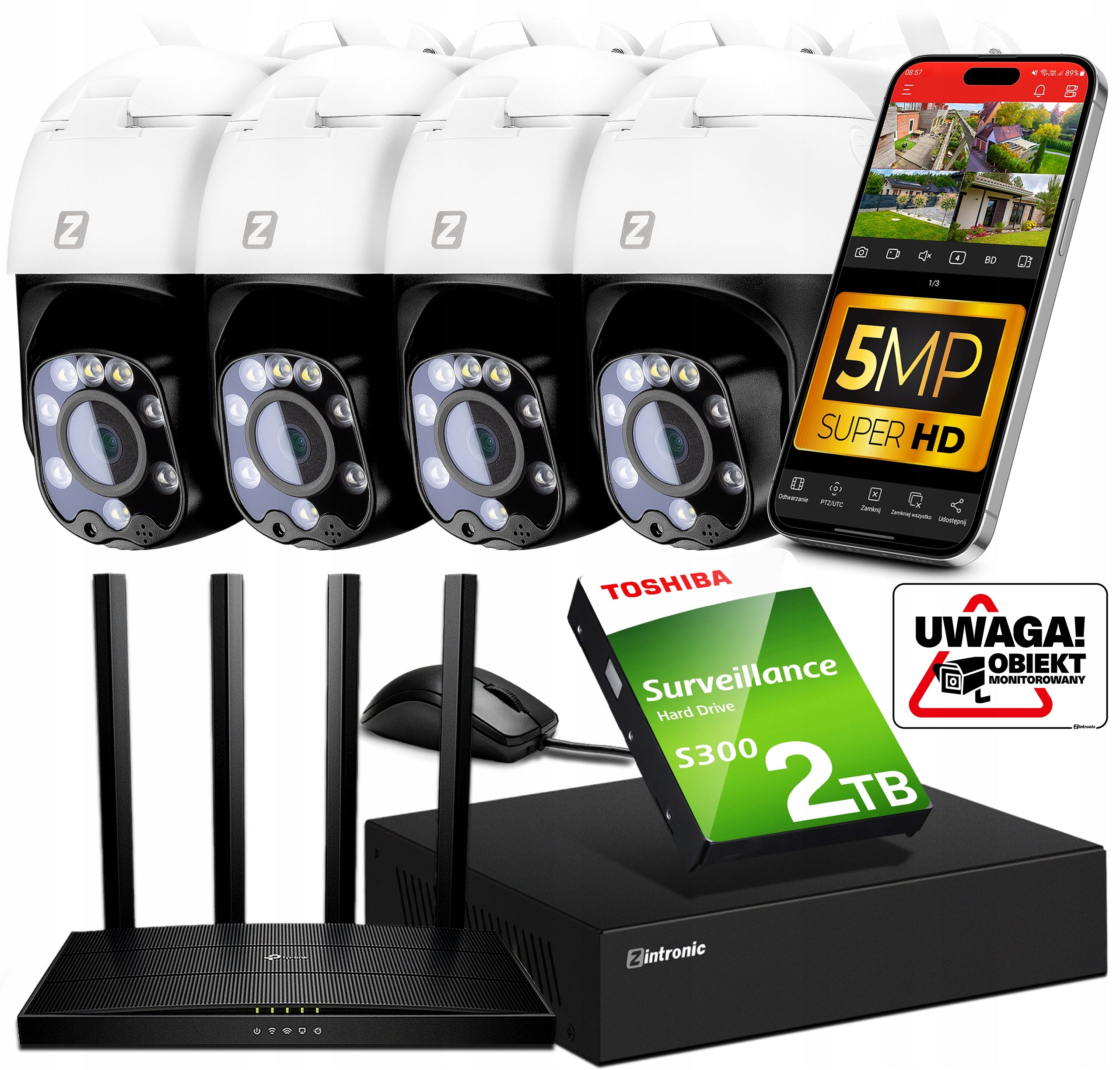 WiFi SURVEILLANCE Kit 4 CAMERAS Swivel 5MPx Human Detection, 2TB AUDIO