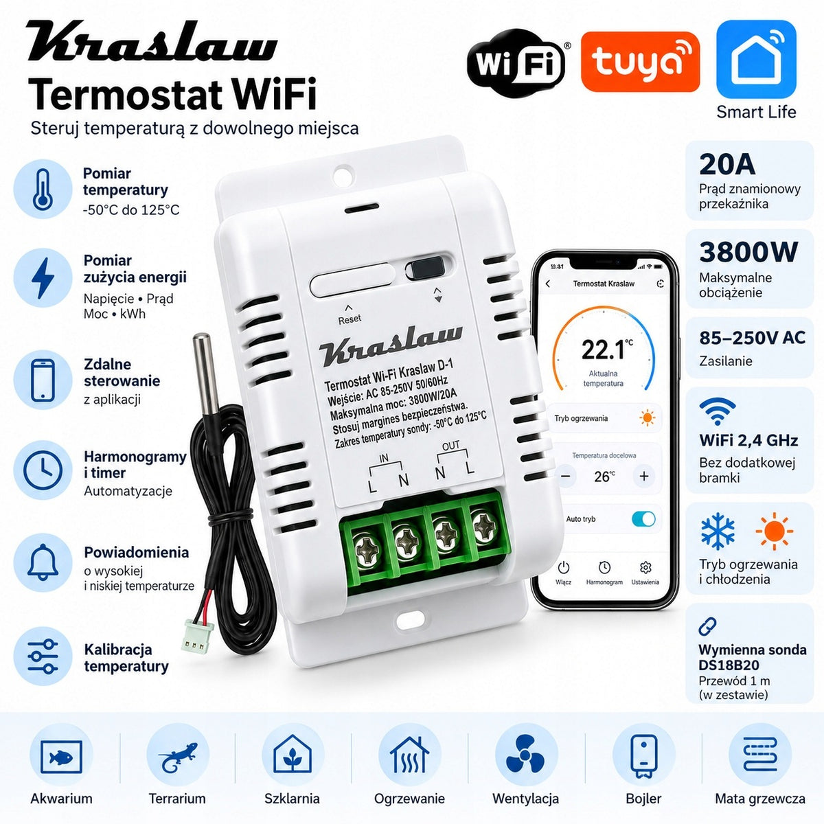 WiFi Thermostat TUYA Temperature Controller with Probe Energy Measurement 20A Packaging status original