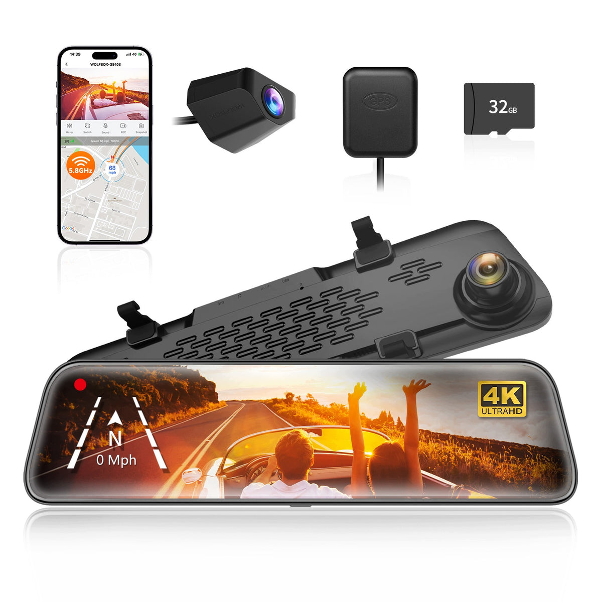Wideorejestrator Lusterko WOLFBOX G840S 4K GPS WiFi 12" Kamera Cofania 32GB