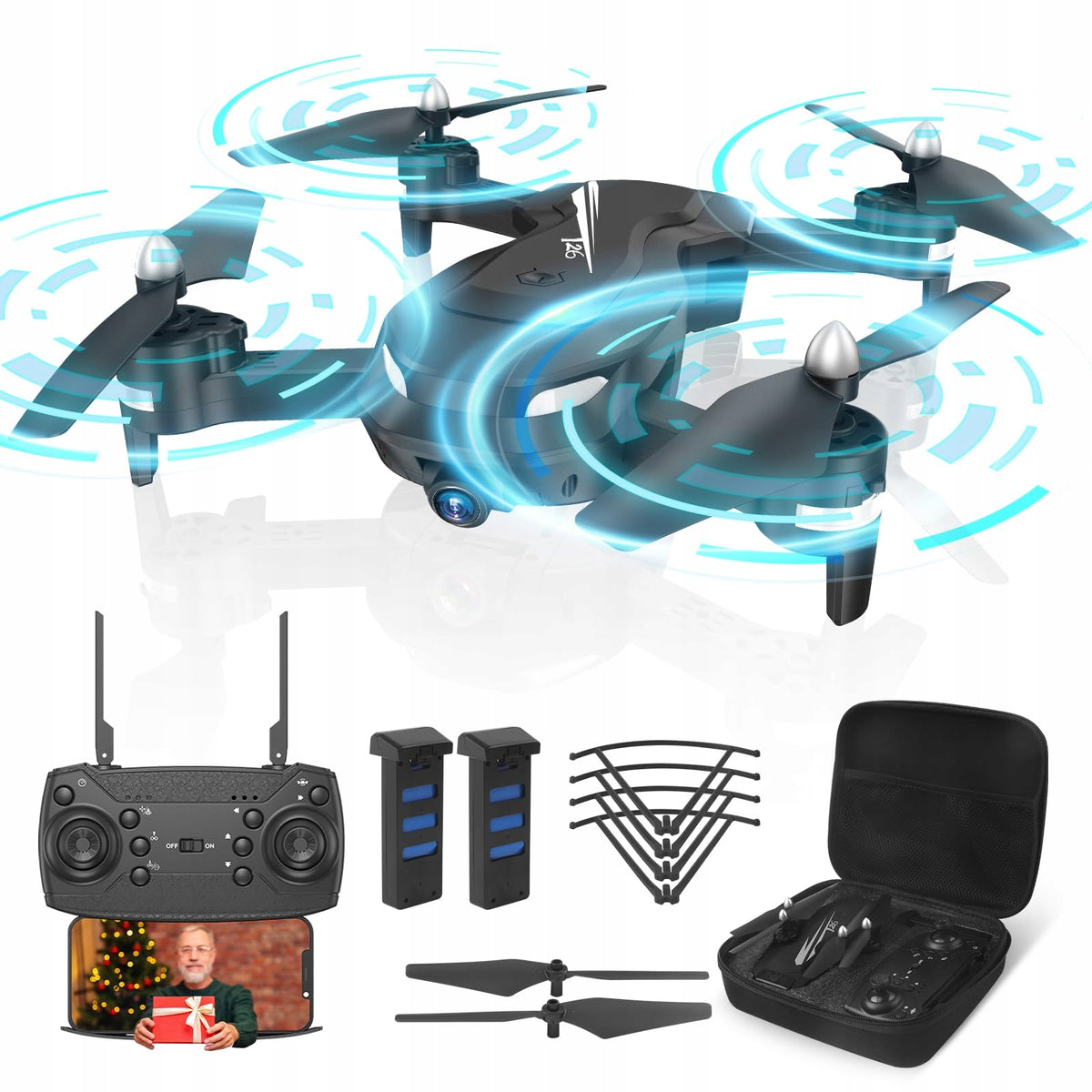 Wipkviey T26 drone black FPV 1080P folding 30 min flight 2 batteries