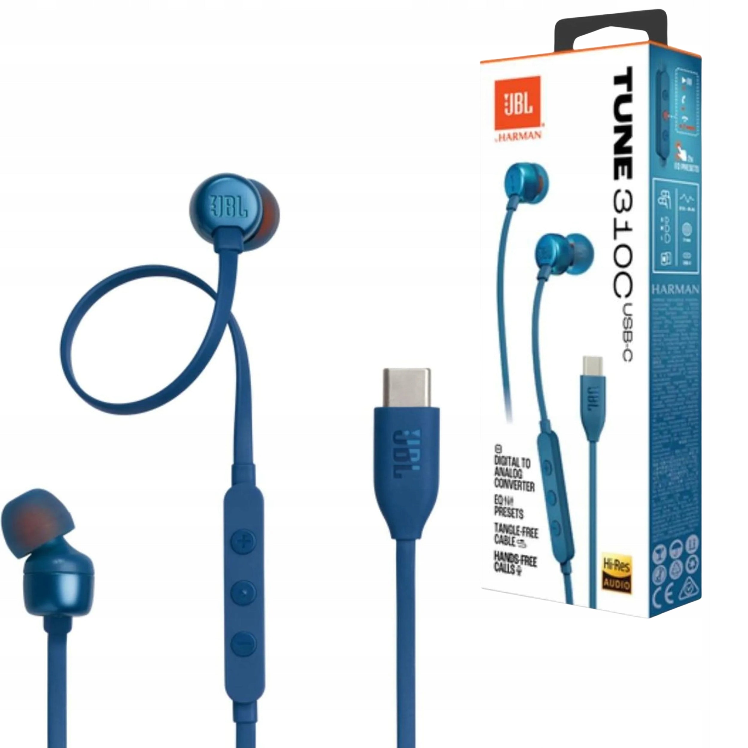 Wired Headphones JBL Tune 310C To USB-C Microphone On Cable Blue