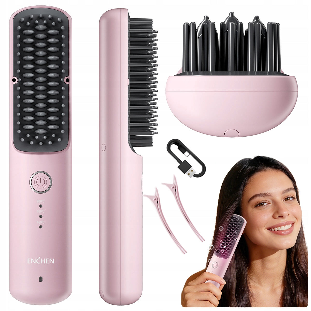 Wireless Straightening Brush Ionization for Straightening ENCHEN H6 pink Packaging status original