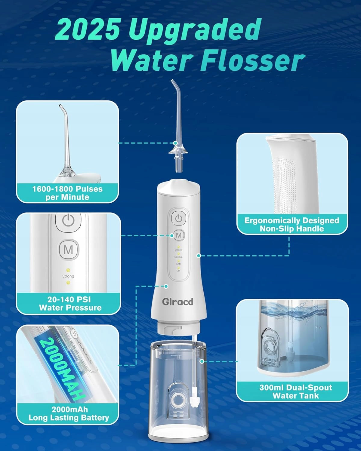 Wireless Tooth Irrigators with 4 Modes and 5 Stream Tips Color white