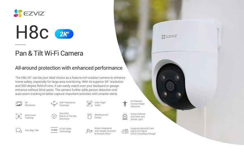 Wireless Wi-Fi camera H8C, 1080p, DOME PT, F4 mm, adjustable, IP65, EZVIZ Model CS-H8c 4G LTE 2K Detekcja Autotracking