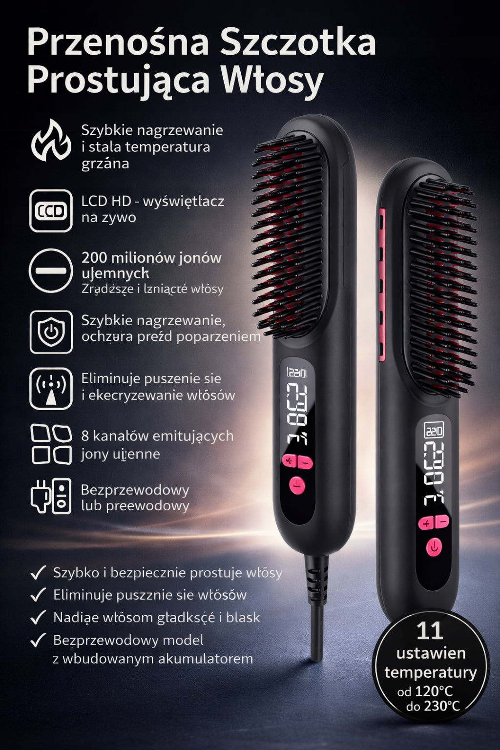 Wireless straightening brush for hair Selvione 230°C ionization USB-C Packaging status original