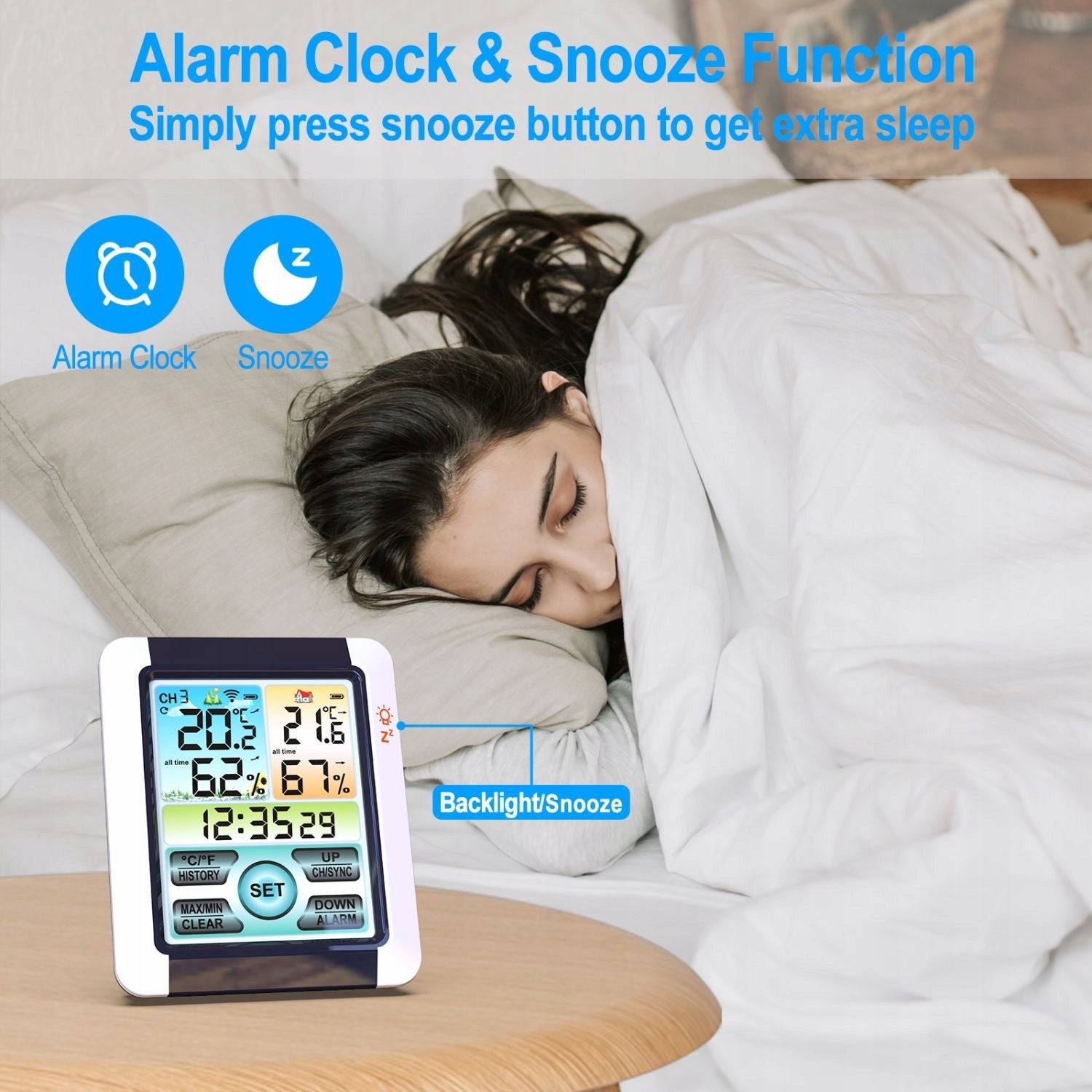 Wireless weather station thermometer hygrometer clock alarm Model G-784