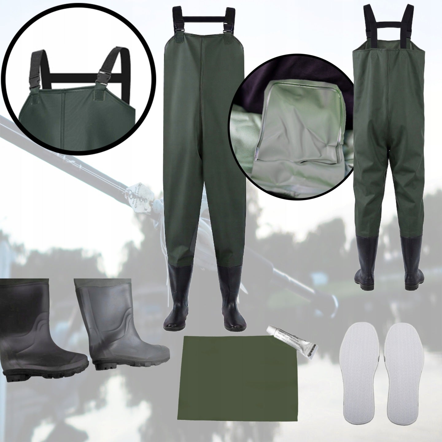 Wodery Bottoms Fishing Pants, Reinforced + Suspenders + Inserts -45