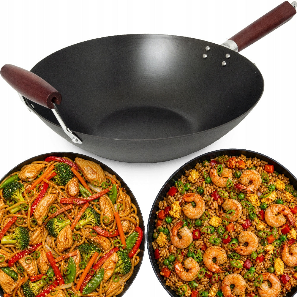 Wok Carbon Steel Pan Flat Bottom 35cm with Handle for Each Stove