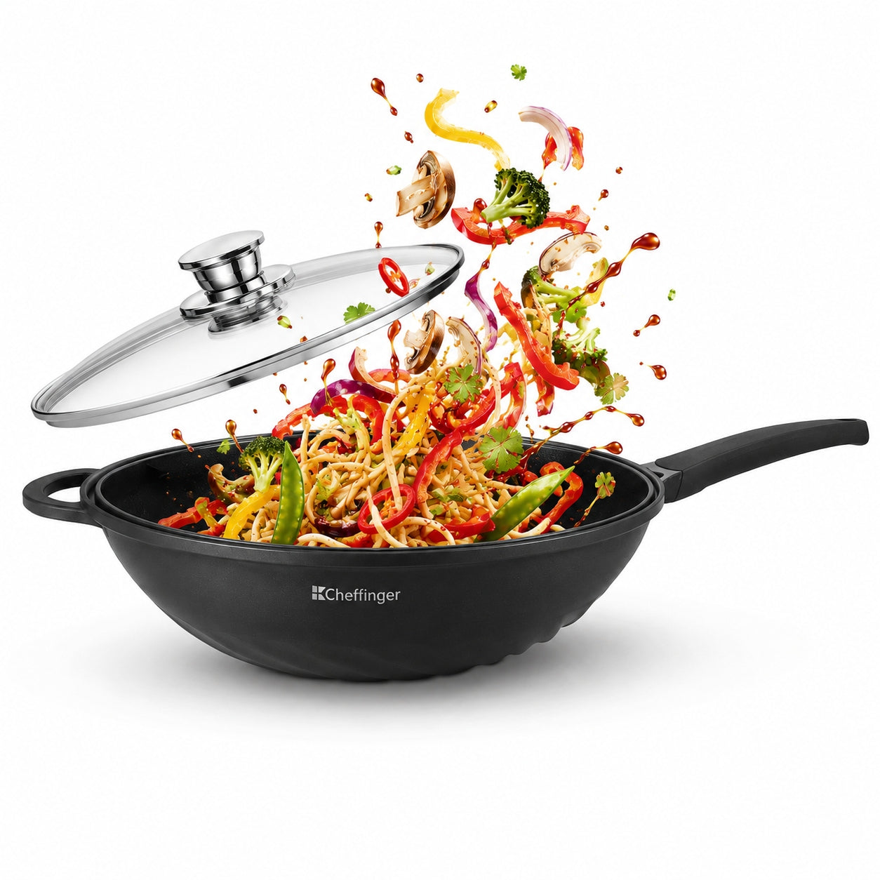 Wok induction pan, gas with lid and handle black 32 cm steel