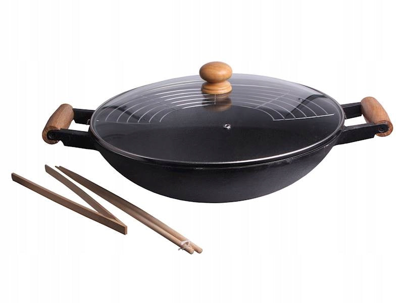 Wok pan CAST IRON 35cm wok with accessories large set for kitchen Asian