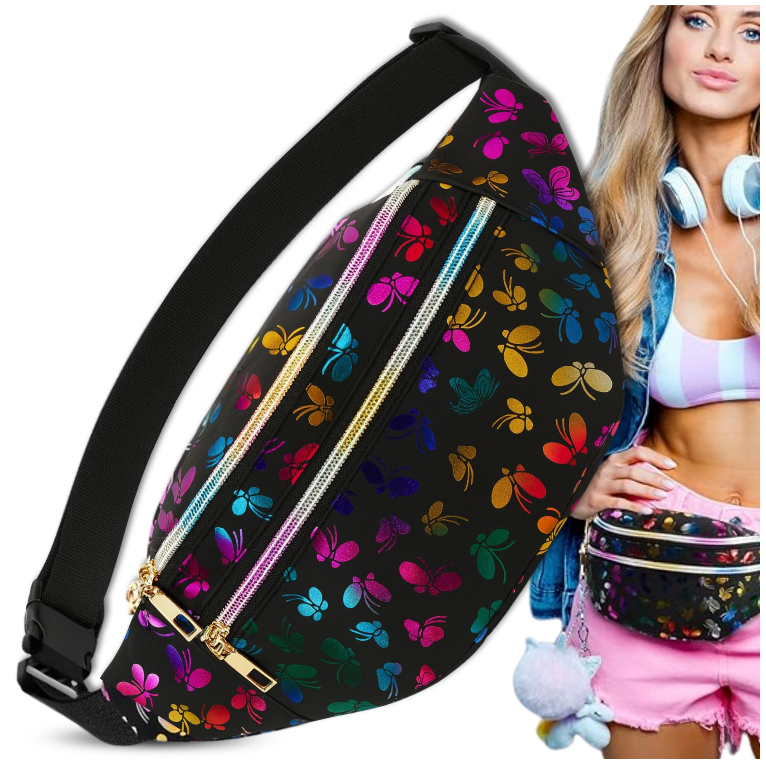 Women's Hip Waterproof Bum Bag Black Double Chamber Sachet Butterflies Brand EdiBazzar