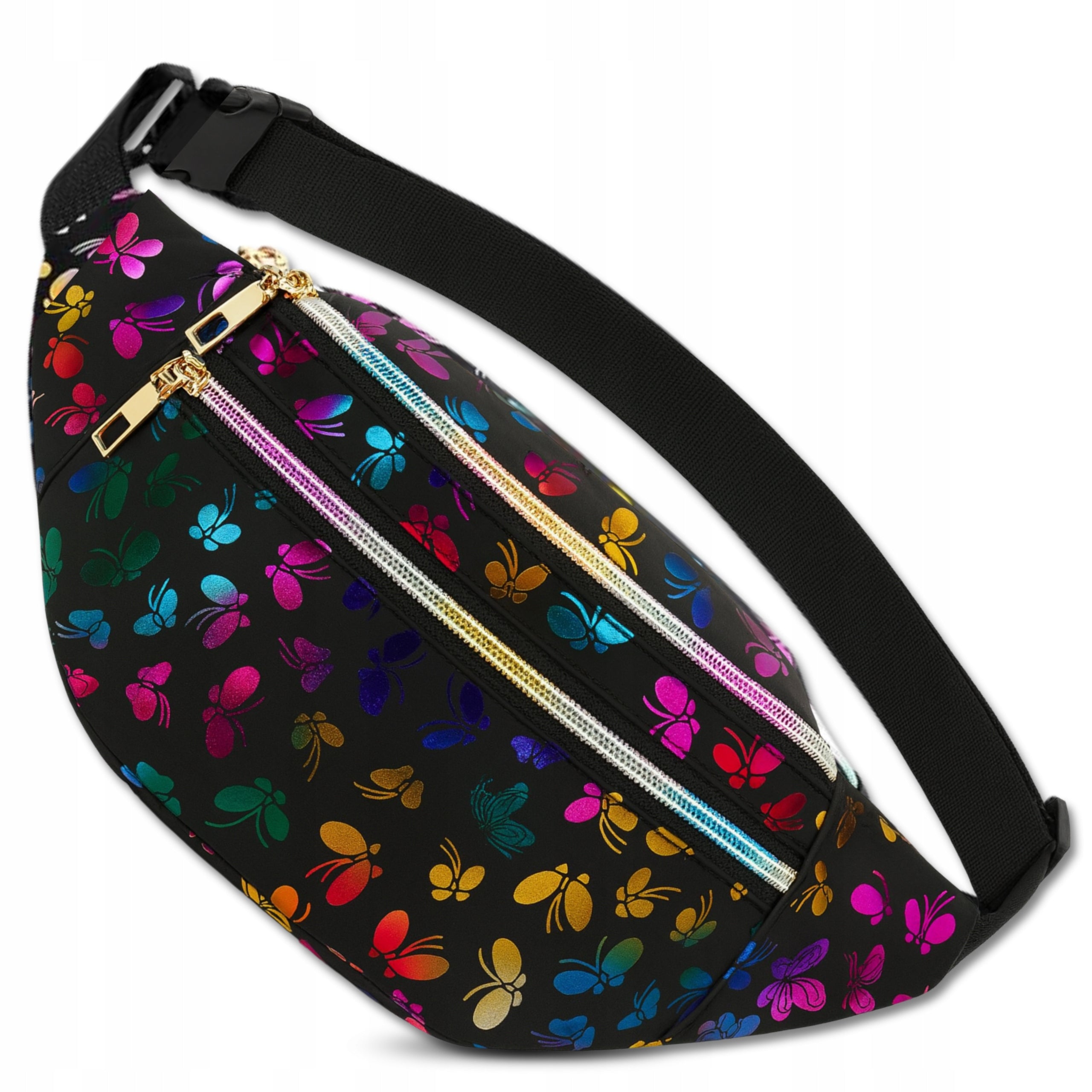 Women's Hip Waterproof Bum Bag Black Double Chamber Sachet Butterflies Packaging status original