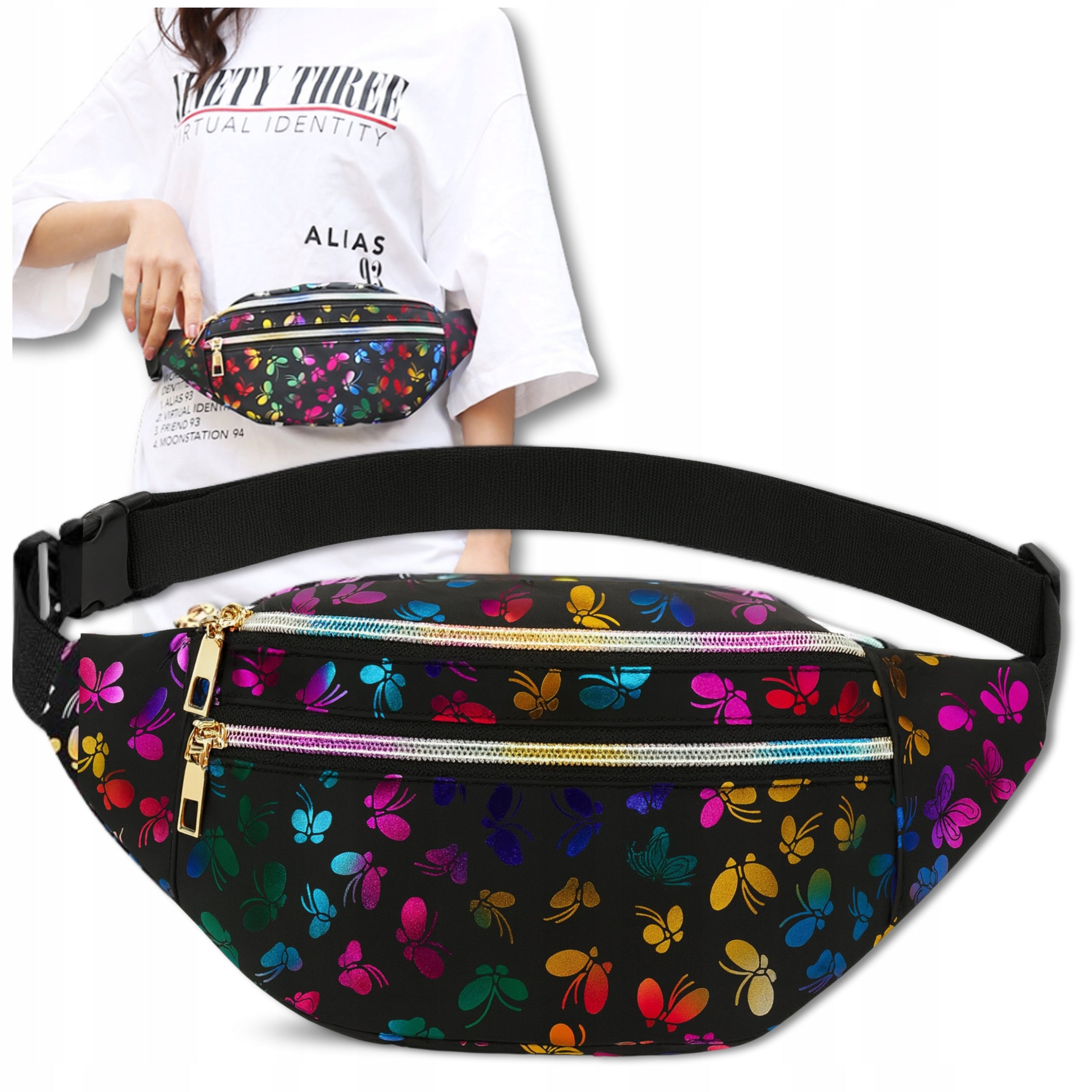 Women's Hip Waterproof Bum Bag Black Double Chamber Sachet Butterflies