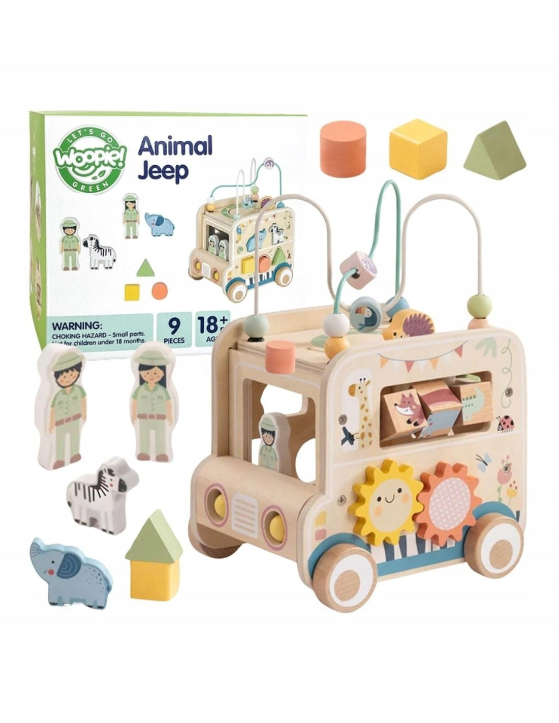 Wooden Activity Cube Educational Car Safari Kids Woopie Green