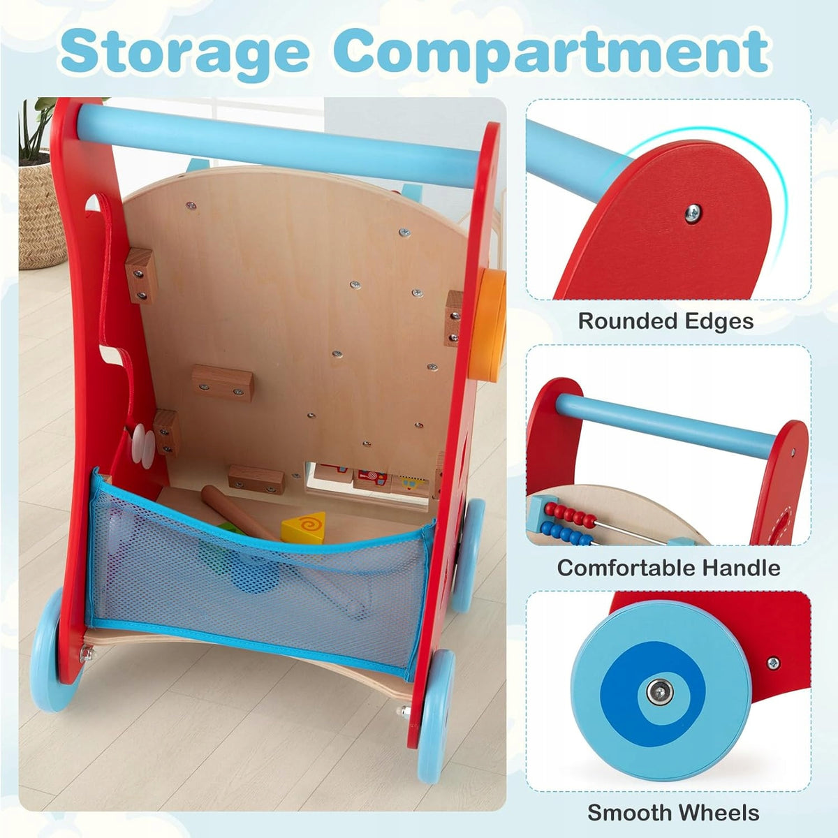 Wooden Baby Walker Educational Toy with Mirror and Wheels Brand Costway