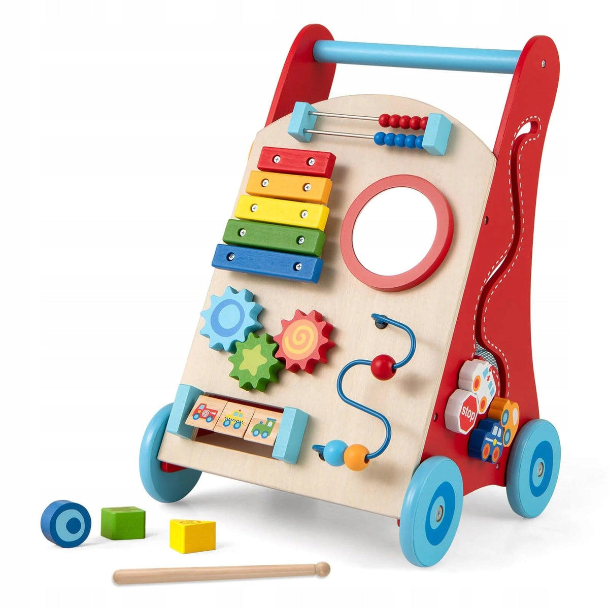 Wooden Baby Walker Educational Toy with Mirror and Wheels