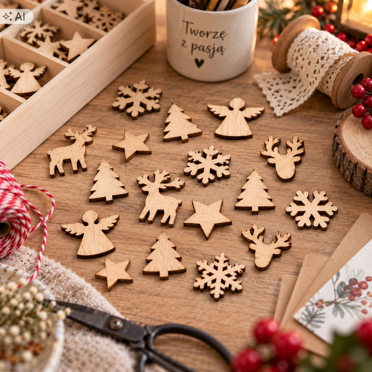 Wooden Christmas Ornaments 5 Patterns Snowflake Christmas Tree Reindeer 36pcs Christmas Manufacturer code dekory zimowe
