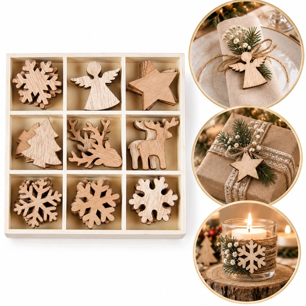 Wooden Christmas Ornaments 5 Patterns Snowflake Christmas Tree Reindeer 36pcs Christmas