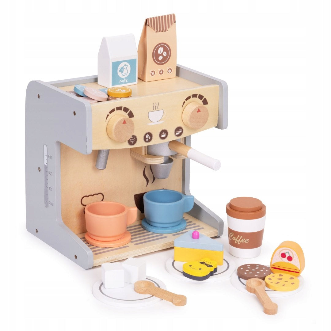 Wooden Coffee Maker for Kids 2in1 Shop Barista Set 26 Accessories Brand Ecotoys