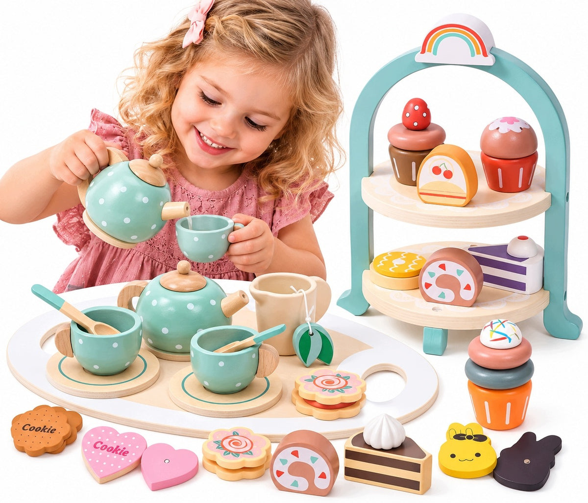 Wooden Confectionery Tea Set for Kids Coffee Service Biscuit Tray