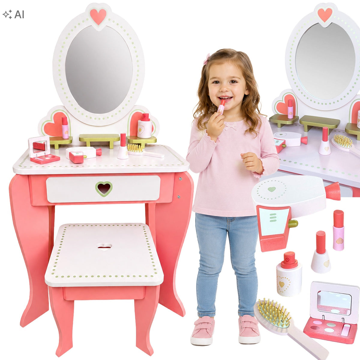 Wooden Cosmetic Dressing Table for Children Aurora Accessories Pink Mirror