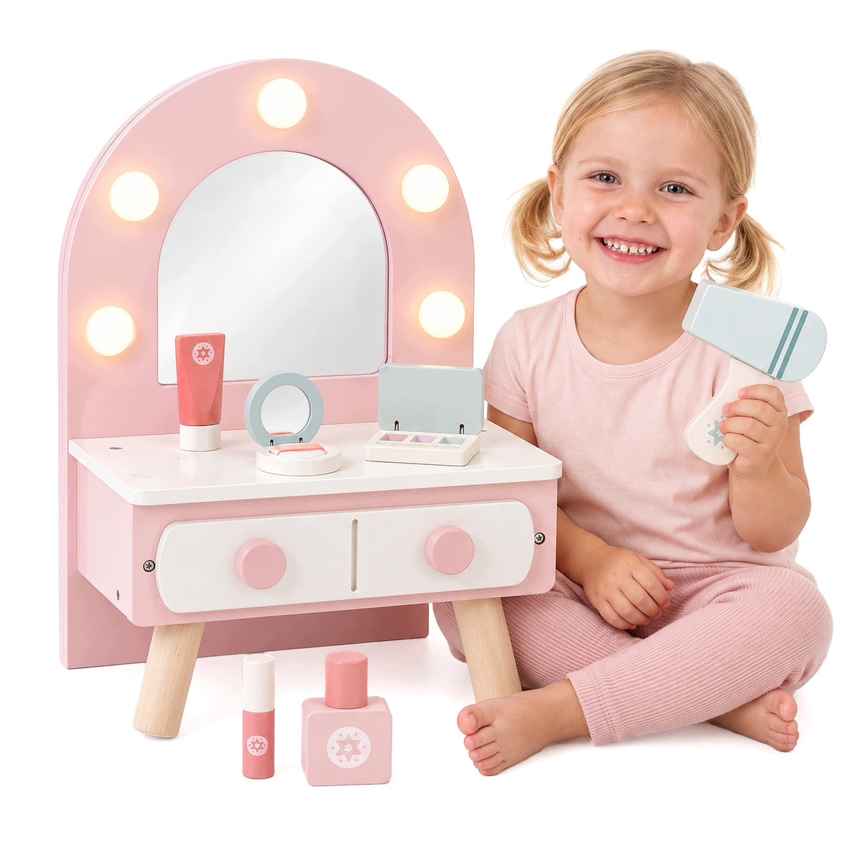 Wooden DRESSING TABLE for children girls LED lighting accessories mirror